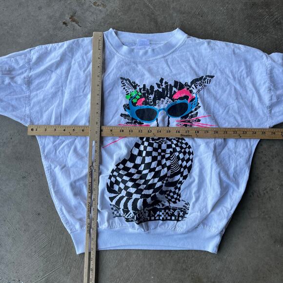 VINTAGE CAT WHISKER SWEATSHIRT 80s RETRO CREWNECK MENS LARGE WHITE USA - Picture 3 of 5